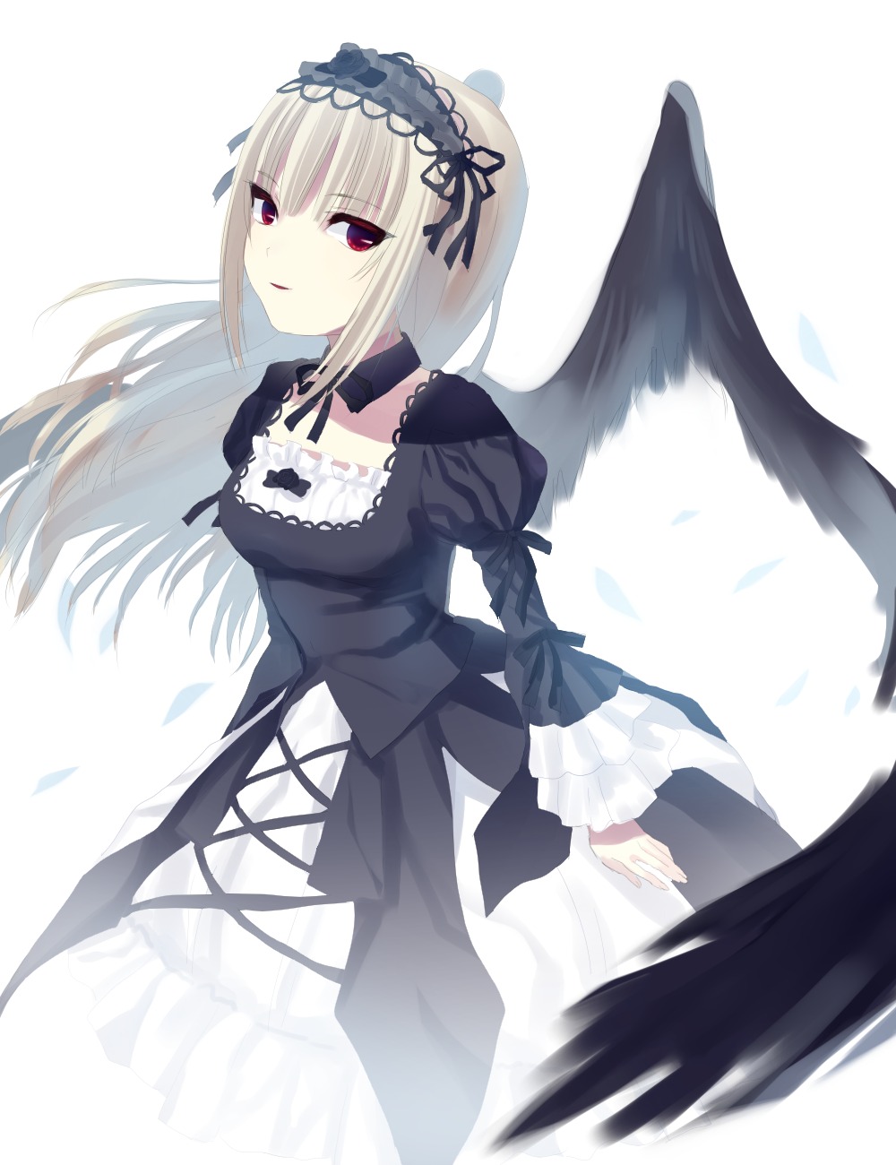 1girl black_ribbon black_wings dress feathered_wings feathers frills hairband image juliet_sleeves long_hair long_sleeves looking_at_viewer puffy_sleeves red_eyes ribbon silver_hair solo suigintou white_background wings