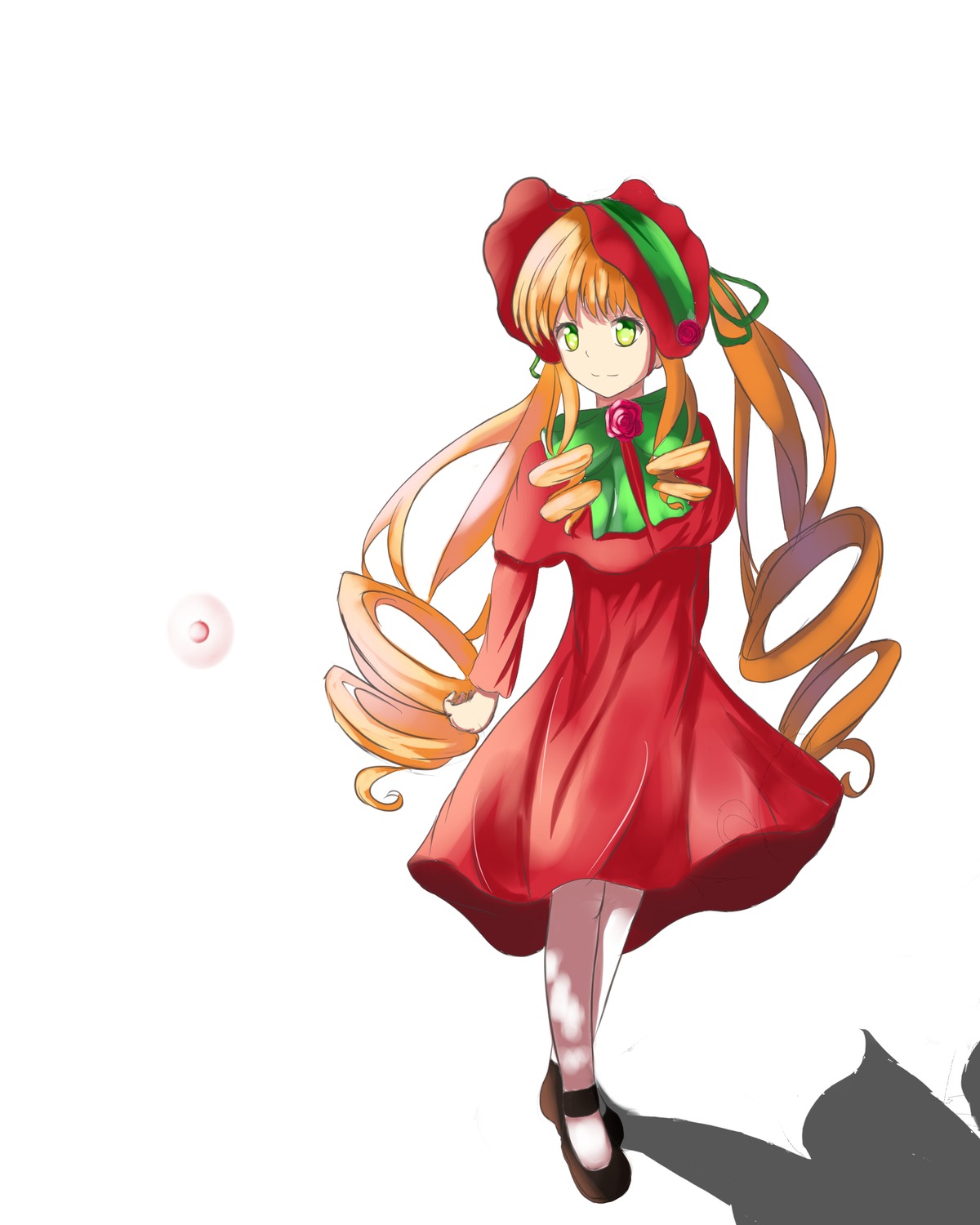 1girl blonde_hair bonnet bow dress drill_hair full_body green_eyes hair_ribbon image long_hair mary_janes pantyhose red_dress shinku shoes solo standing striped very_long_hair white_legwear