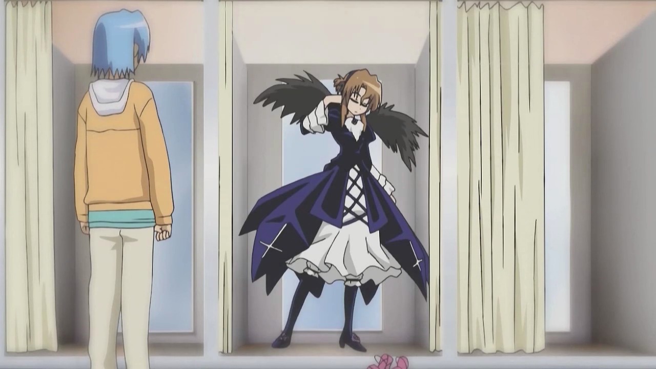 1boy 1girl angel_wings ayasaki_hayate black_legwear black_wings blue_hair brown_hair curtains dress feathered_wings folded_ponytail hayate_no_gotoku! image long_sleeves maria_(hayate_no_gotoku!) rozen_maiden screencap solo standing suigintou tanaka_rie voice_actor_connection white_wings wings