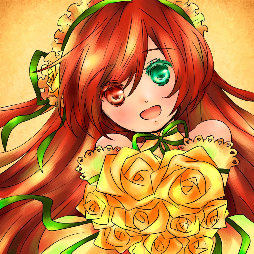 1girl :d bare_shoulders bouquet dress flower green_eyes hairband image long_hair looking_at_viewer open_mouth orange_hair red_eyes red_hair red_rose ribbon rose smile solo suiseiseki white_flower white_rose yellow_flower yellow_rose