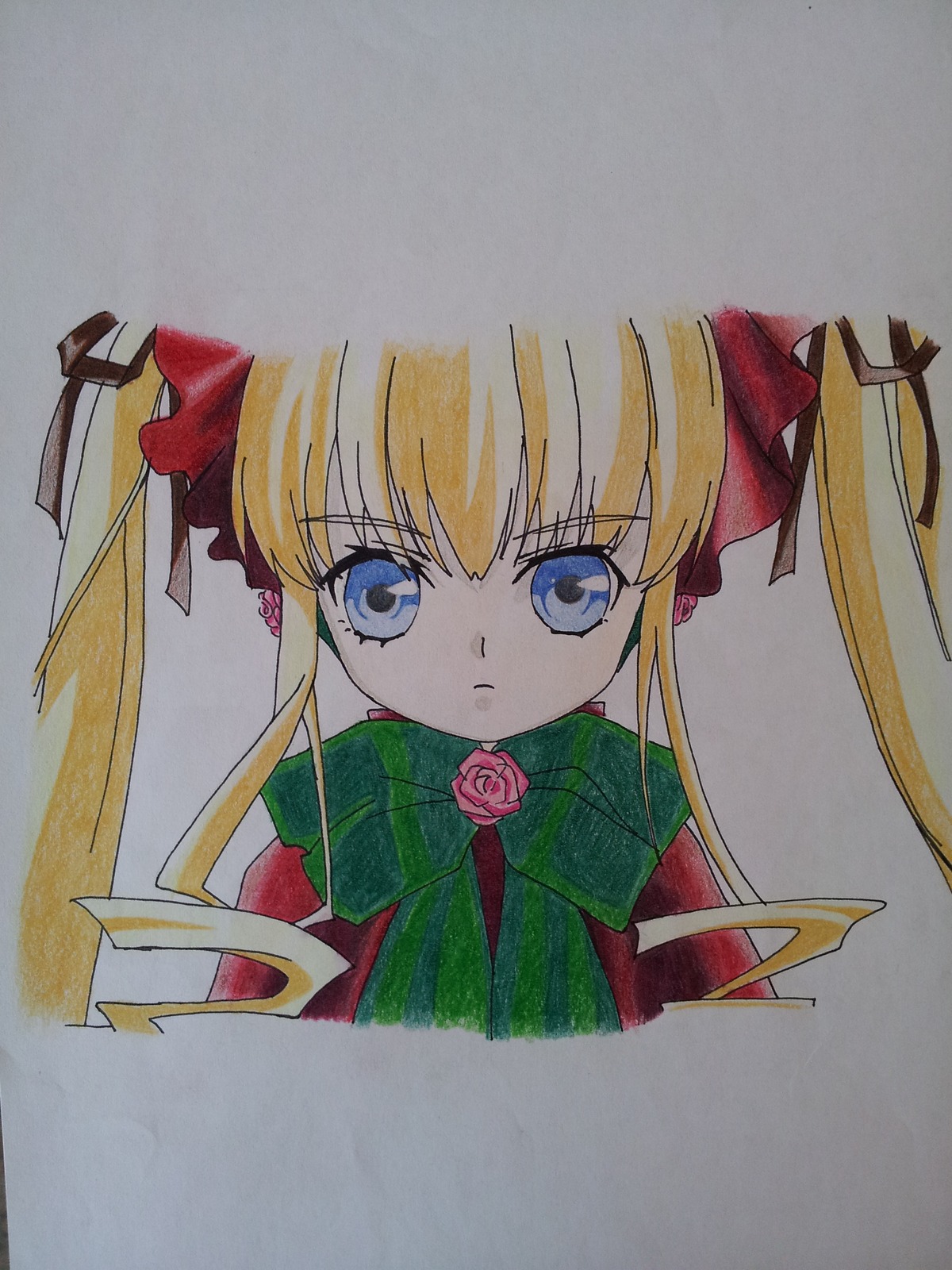 1girl bangs blonde_hair blue_eyes bow bowtie closed_mouth dress eyebrows_visible_through_hair flower image long_hair looking_at_viewer marker_(medium) photo rose shinku sidelocks simple_background solo traditional_media