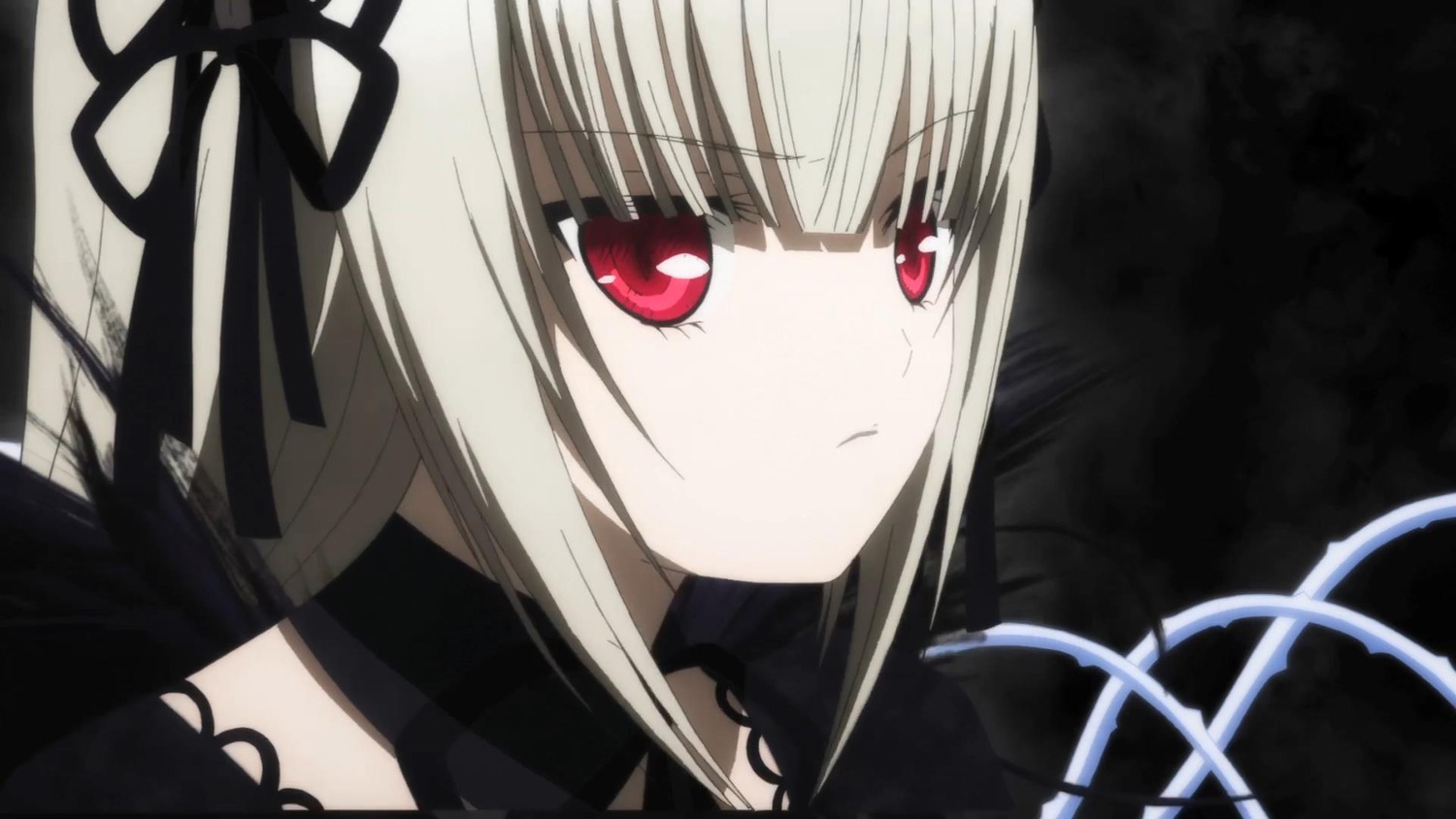 1girl bangs black_ribbon closed_mouth expressionless eyebrows_visible_through_hair face hair_ribbon image long_hair looking_at_viewer portrait red_eyes ribbon simple_background solo suigintou