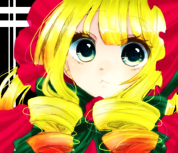 1girl :t blonde_hair bow drill_hair flower image long_hair looking_at_viewer rose shinku solo twin_drills upper_body