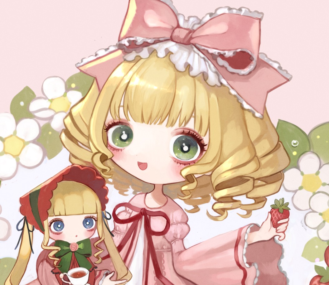 2girls bangs blonde_hair blue_eyes blush bow cup dress drill_hair flower food frills fruit green_eyes hina_ichigo hinaichigo holding holding_cup image long_hair long_sleeves looking_at_viewer multiple_girls open_mouth pair pink_bow ribbon shinku smile strawberry teacup