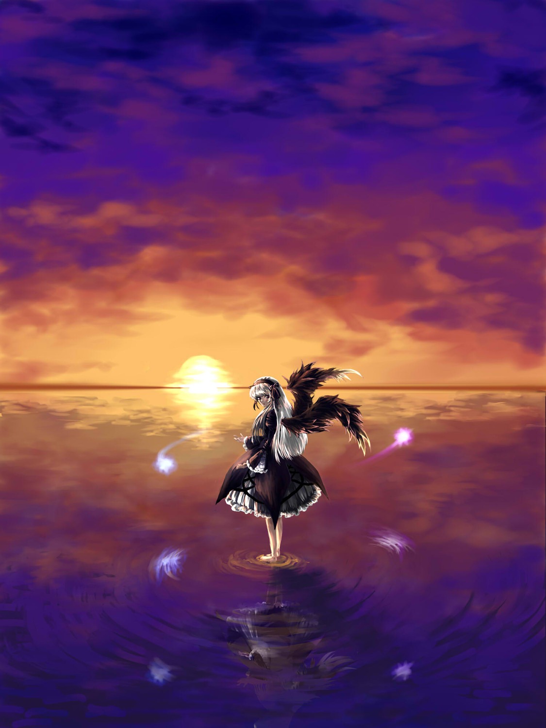 1girl barefoot cloud dress evening flying hat horizon image long_hair long_sleeves orange_sky reflection scenery sky solo suigintou sun sunset twilight water wide_sleeves wings