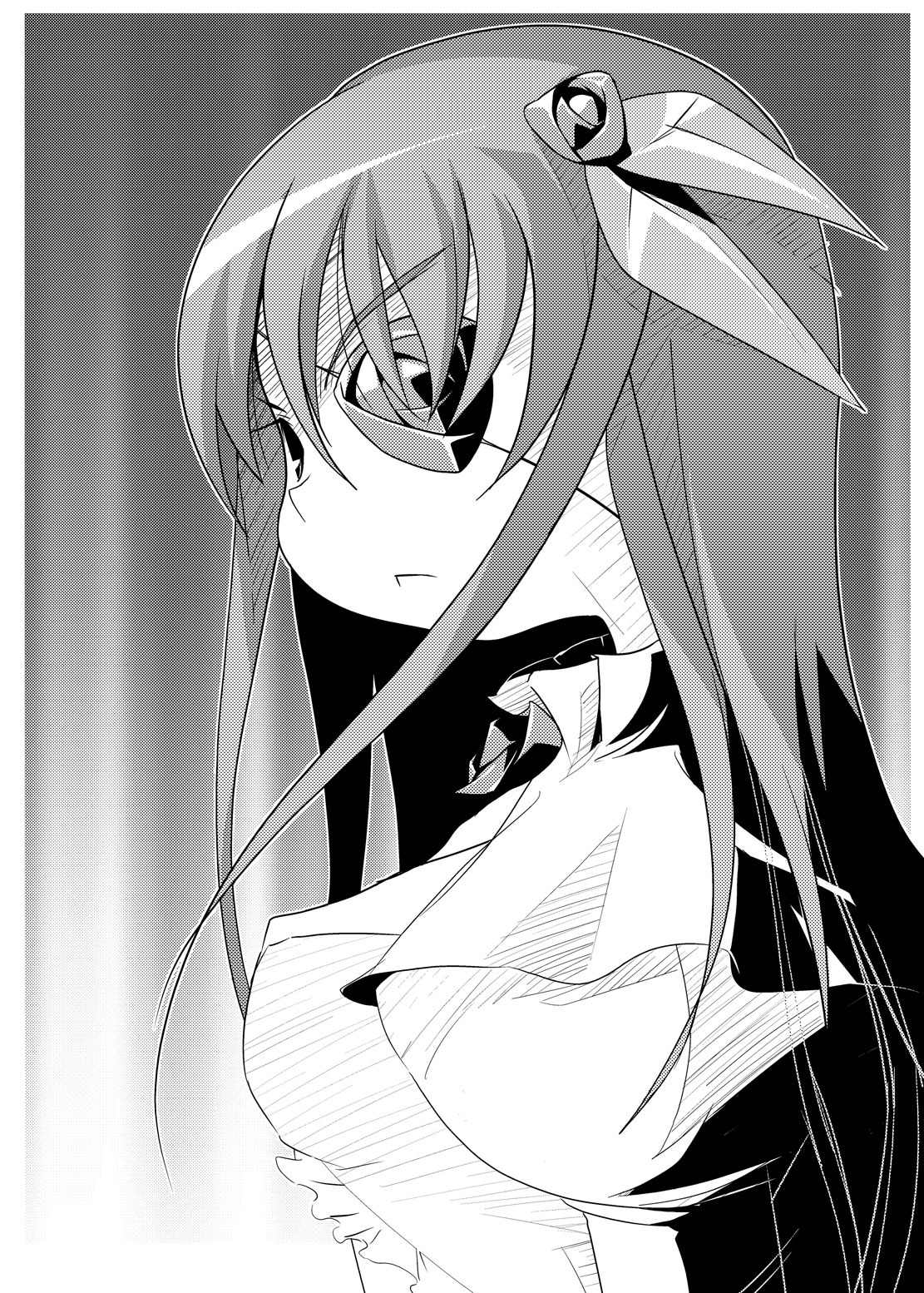 1girl barasuishou breasts crescent dress_shirt expressionless greyscale hair_ornament image koakuma large_breasts long_hair looking_at_viewer monochrome patchouli_knowledge shirt solo upper_body wings