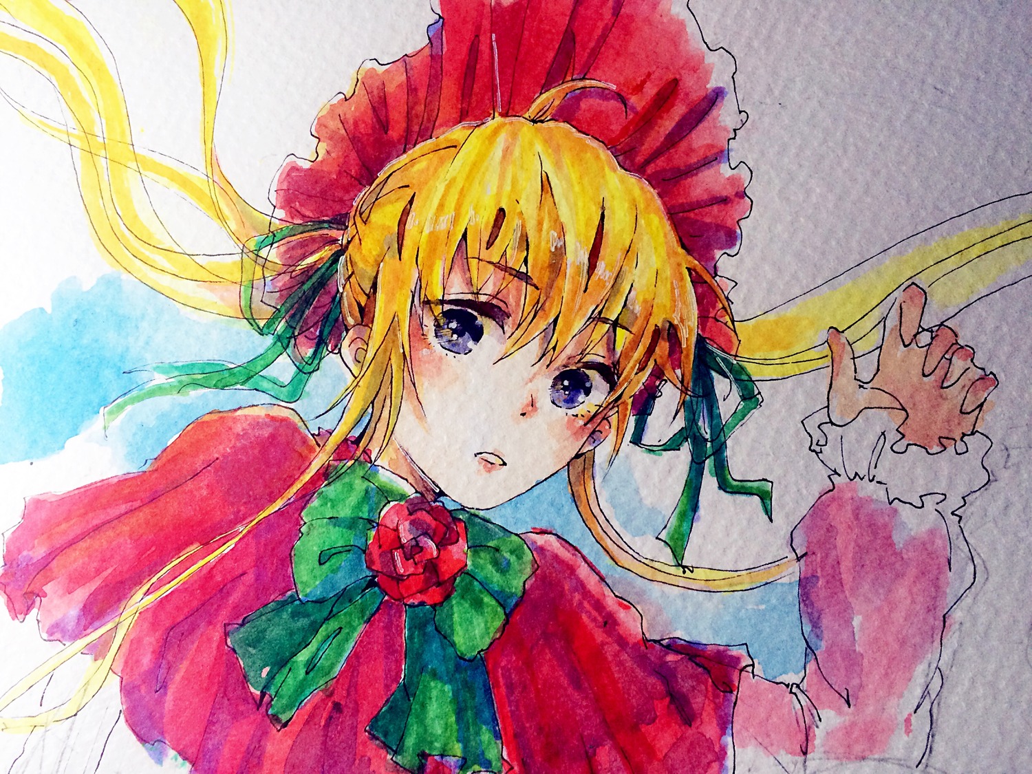 1girl bangs blonde_hair blue_eyes capelet dress flower green_bow green_neckwear image long_hair long_sleeves looking_at_viewer marker_(medium) red_capelet ribbon rose shinku solo traditional_media upper_body