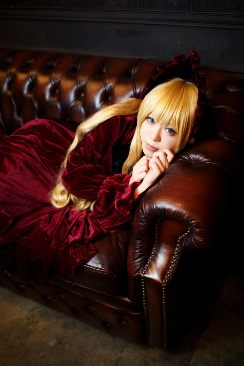 1girl blonde_hair blue_eyes dress long_hair looking_at_viewer red_dress shinku sitting smile solo twintails