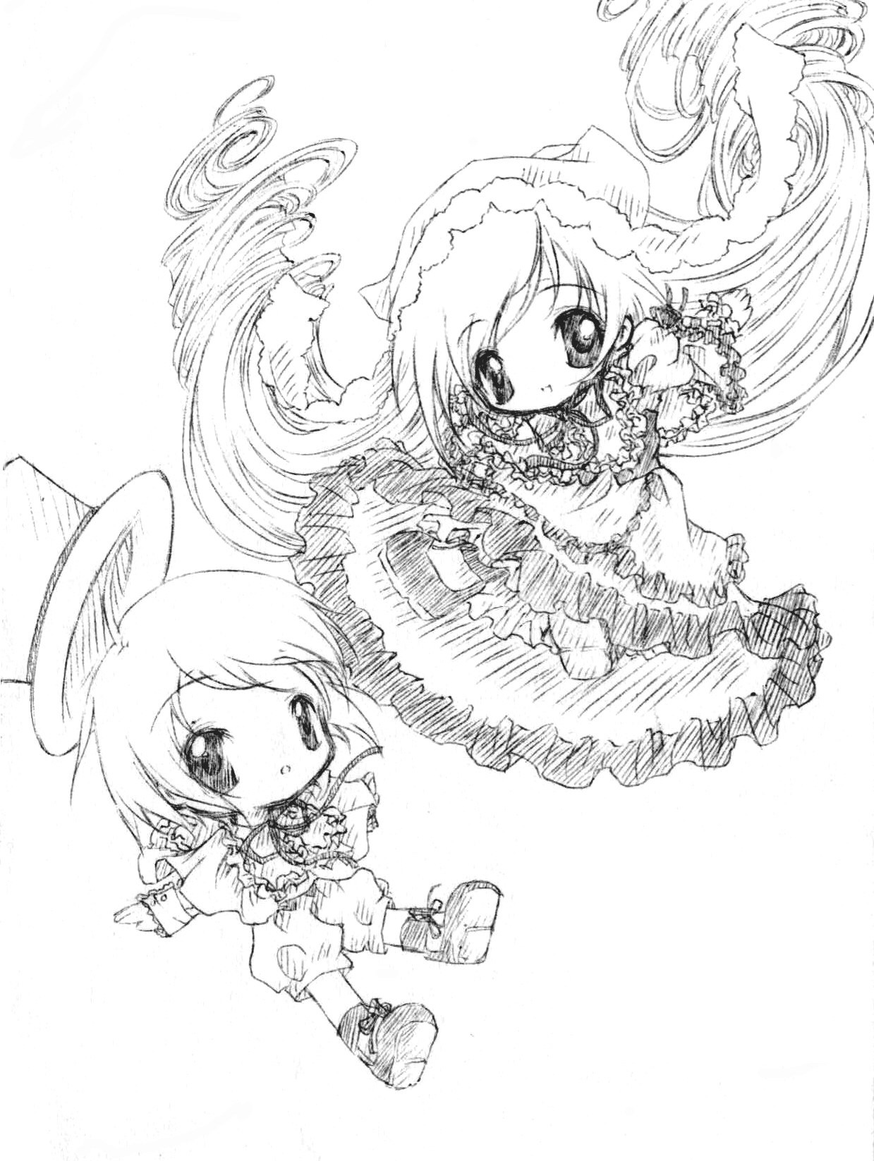 2girls angel angel_wings boots chibi dress drill_hair frills full_body greyscale halo hat image long_hair long_sleeves looking_at_viewer monochrome multiple_girls pair souseiseki standing suiseiseki very_long_hair wings