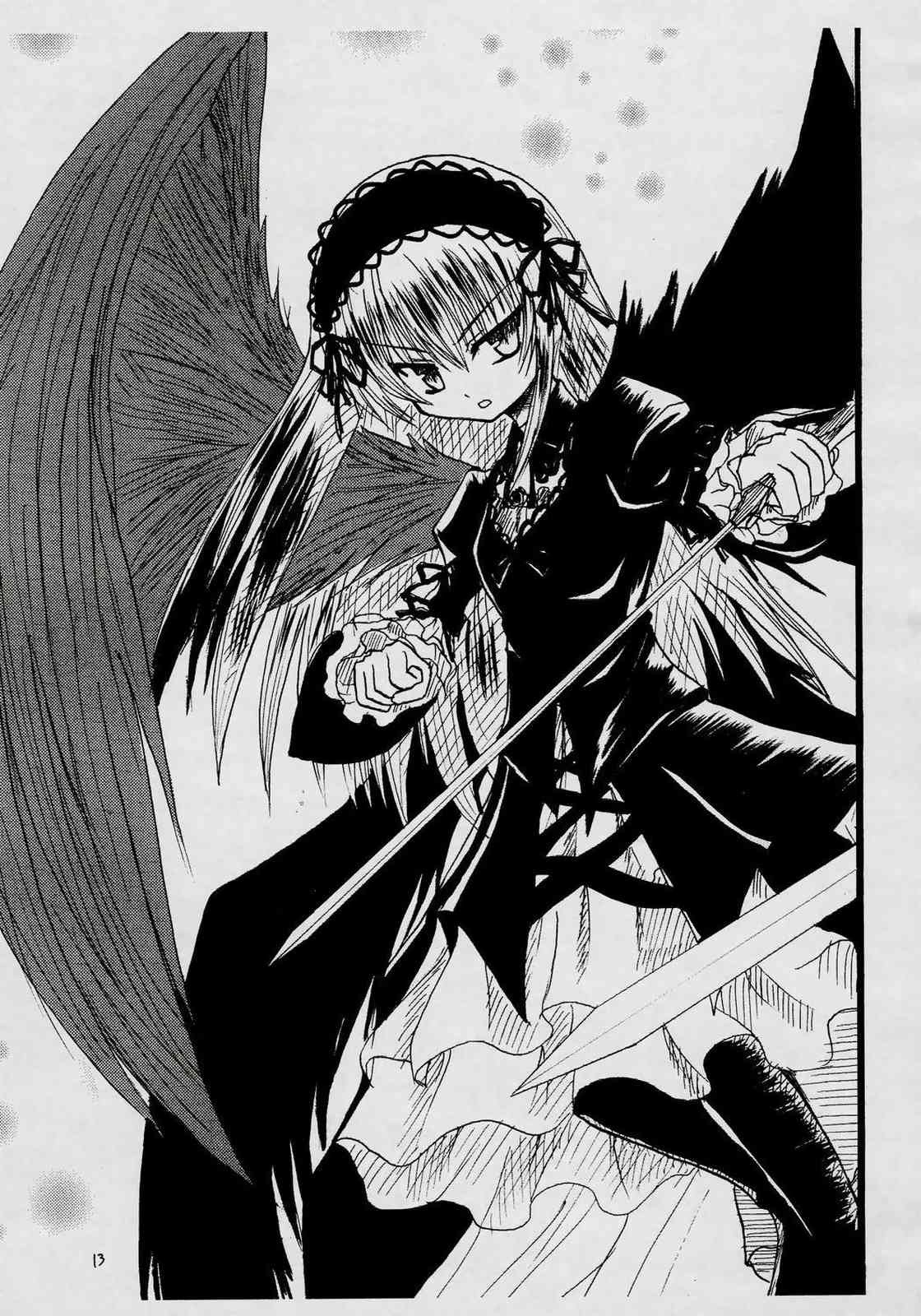 1girl boots dress flower frills greyscale hairband holding holding_weapon image lolita_hairband long_hair long_sleeves looking_at_viewer monochrome rose solo standing suigintou very_long_hair weapon wings