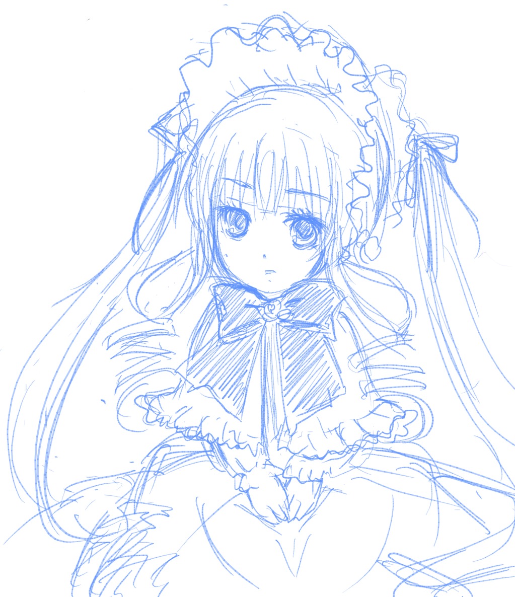 1girl blush bow bowtie capelet dress image lolita_fashion long_hair long_sleeves looking_at_viewer monochrome shinku simple_background sketch solo white_background