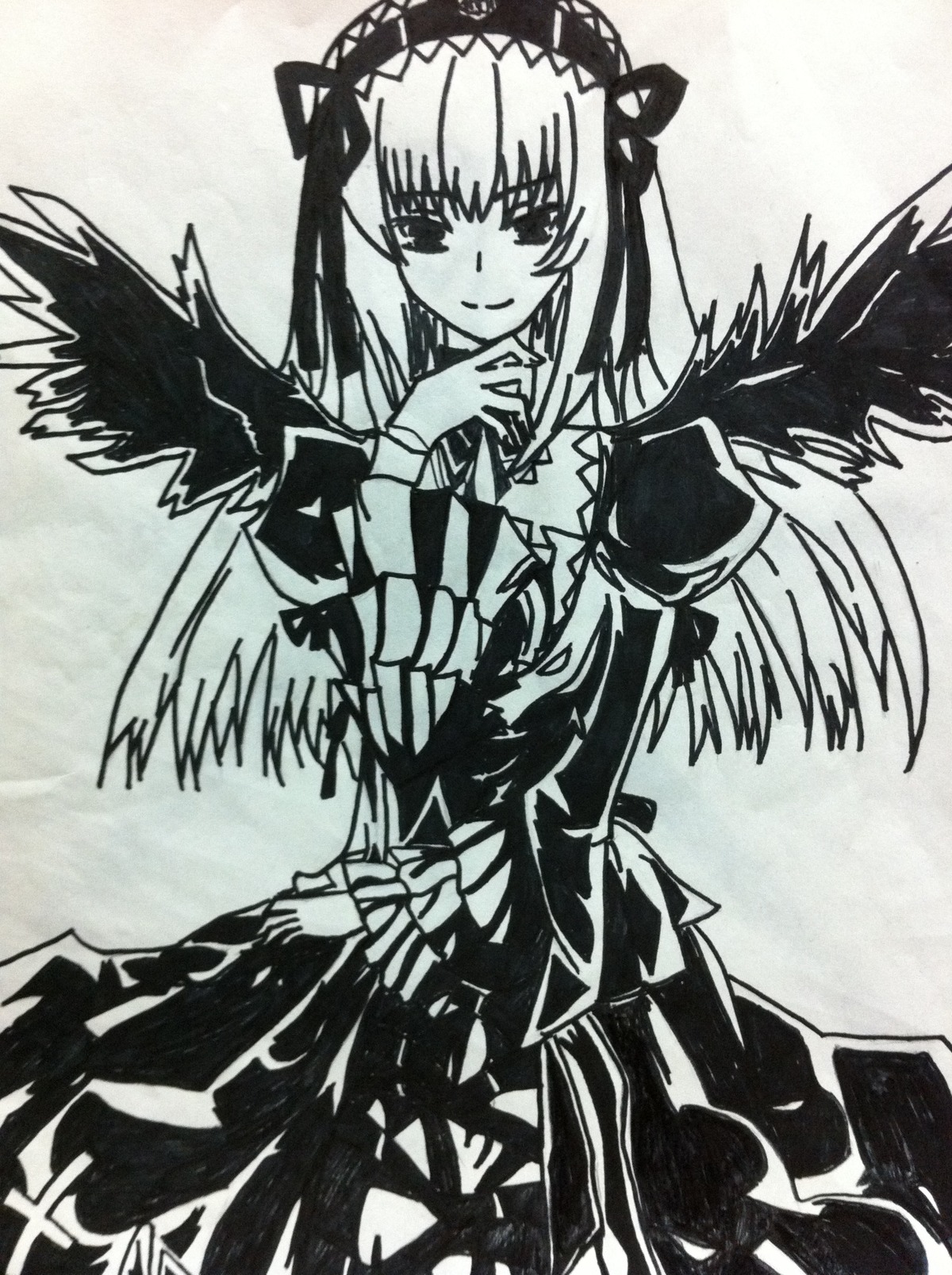 1girl auto_tagged black_wings blush dress feathered_wings frills greyscale hairband image long_hair long_sleeves looking_at_viewer monochrome smile solo suigintou traditional_media wings