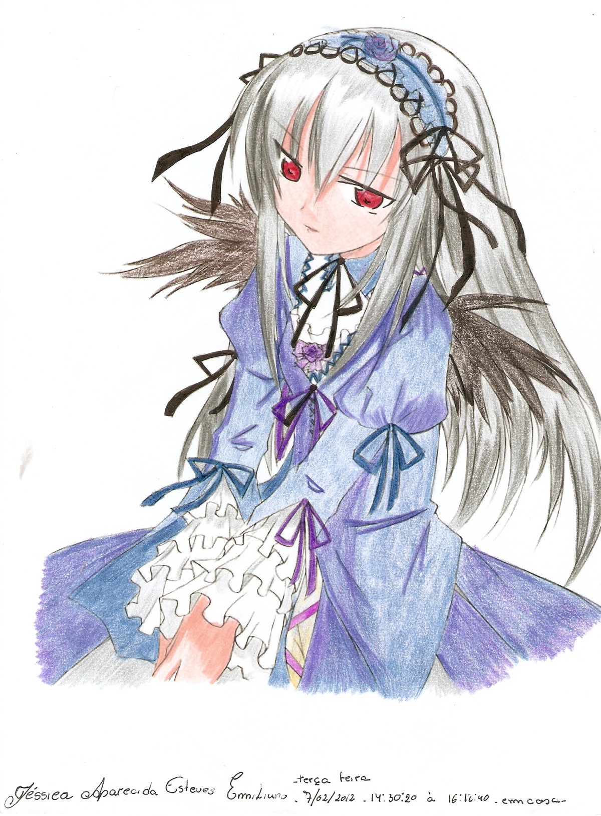 1girl bangs dress flower frills hairband image juliet_sleeves long_hair long_sleeves looking_at_viewer puffy_sleeves red_eyes ribbon rose silver_hair simple_background solo suigintou white_background wings