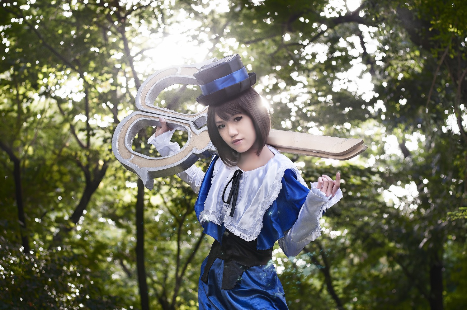 1girl bangs blue_headwear dress frills hat lips long_sleeves outdoors realistic ribbon short_hair solo souseiseki top_hat tree