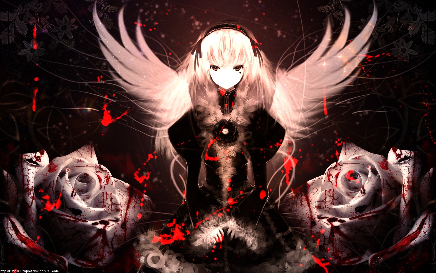 1girl auto_tagged bangs black_dress black_wings blood blood_splatter closed_mouth dress flower hairband image long_hair looking_at_viewer red_eyes solo suigintou very_long_hair wings