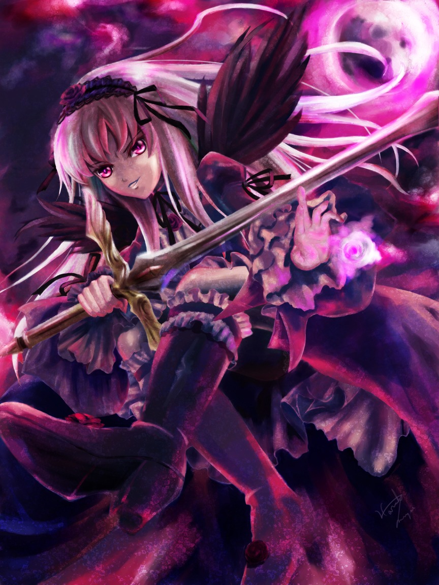 1girl auto_tagged bad_id bad_pixiv_id black_wings boots detached_collar dress flower frilled_sleeves frills hairband holding holding_weapon image lolita_hairband long_hair long_sleeves looking_at_viewer miyai_haruki moon photoshop_(medium) pink_eyes purple_eyes rose rozen_maiden signature silver_hair solo suigintou very_long_hair weapon wings