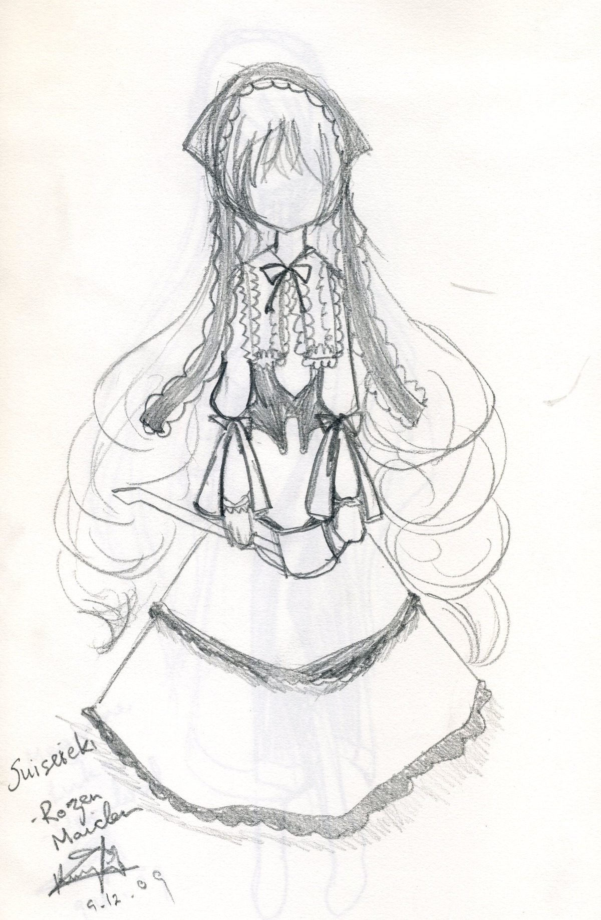 1girl braid dress frills greyscale image long_hair monochrome simple_background sketch solo standing suiseiseki traditional_media twin_braids v_arms very_long_hair