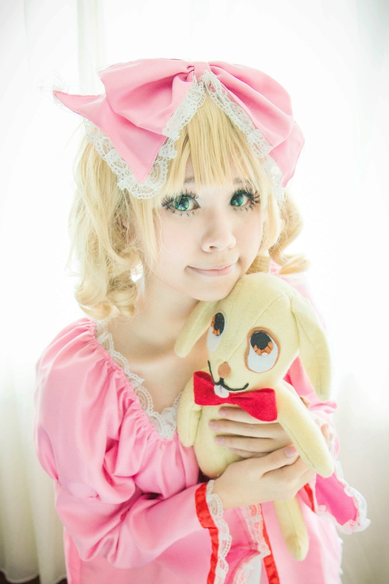 1girl blonde_hair blue_eyes bow dress food hair_bow hina_ichigo hinaichigo holding pink_bow pink_dress smile solo striped
