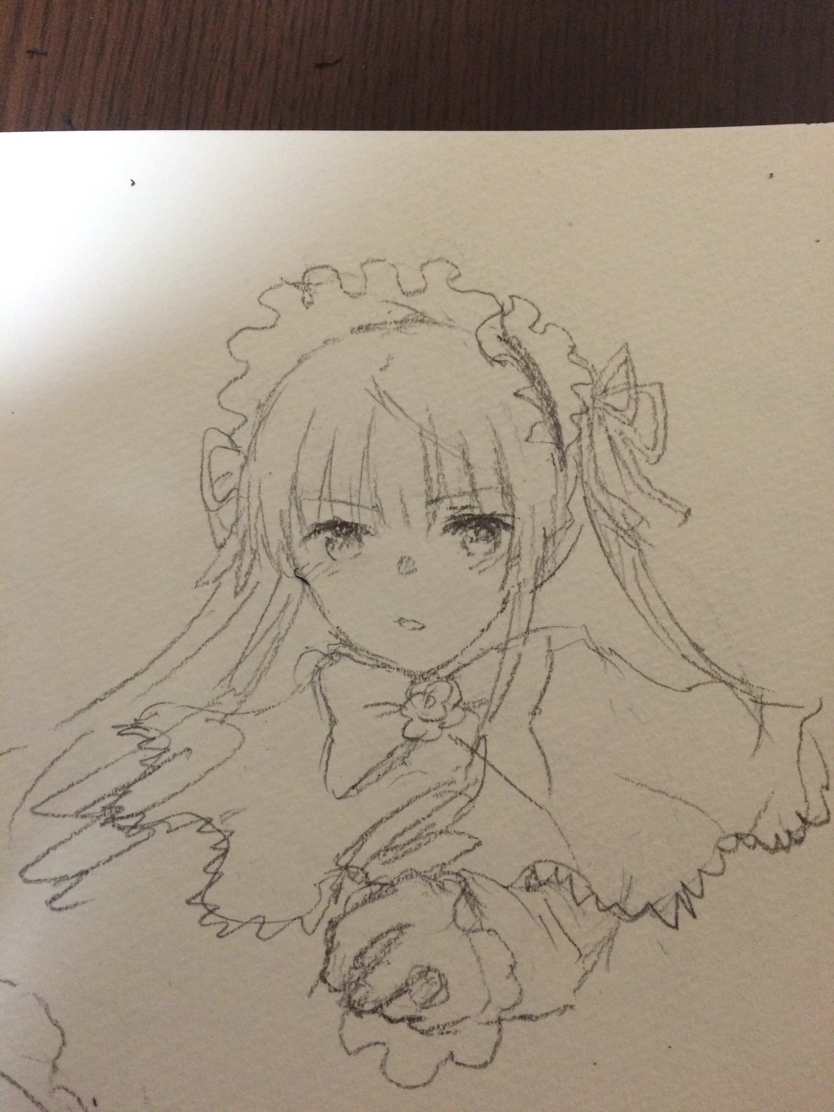 1girl bangs eyebrows_visible_through_hair graphite_(medium) image long_hair looking_at_viewer maid_headdress monochrome parted_lips photo ribbon shinku solo traditional_media upper_body