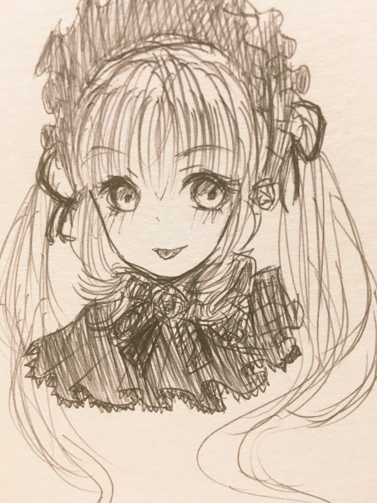 1girl :d blush image lolita_fashion long_hair looking_at_viewer monochrome open_mouth shinku simple_background smile solo traditional_media twintails