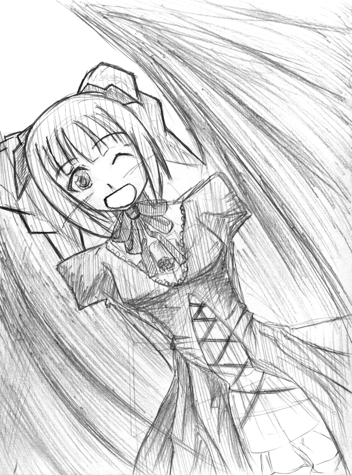 1girl ;d dress frills greyscale image long_hair long_sleeves looking_at_viewer monochrome one_eye_closed open_mouth simple_background smile solo suigintou twintails very_long_hair white_background