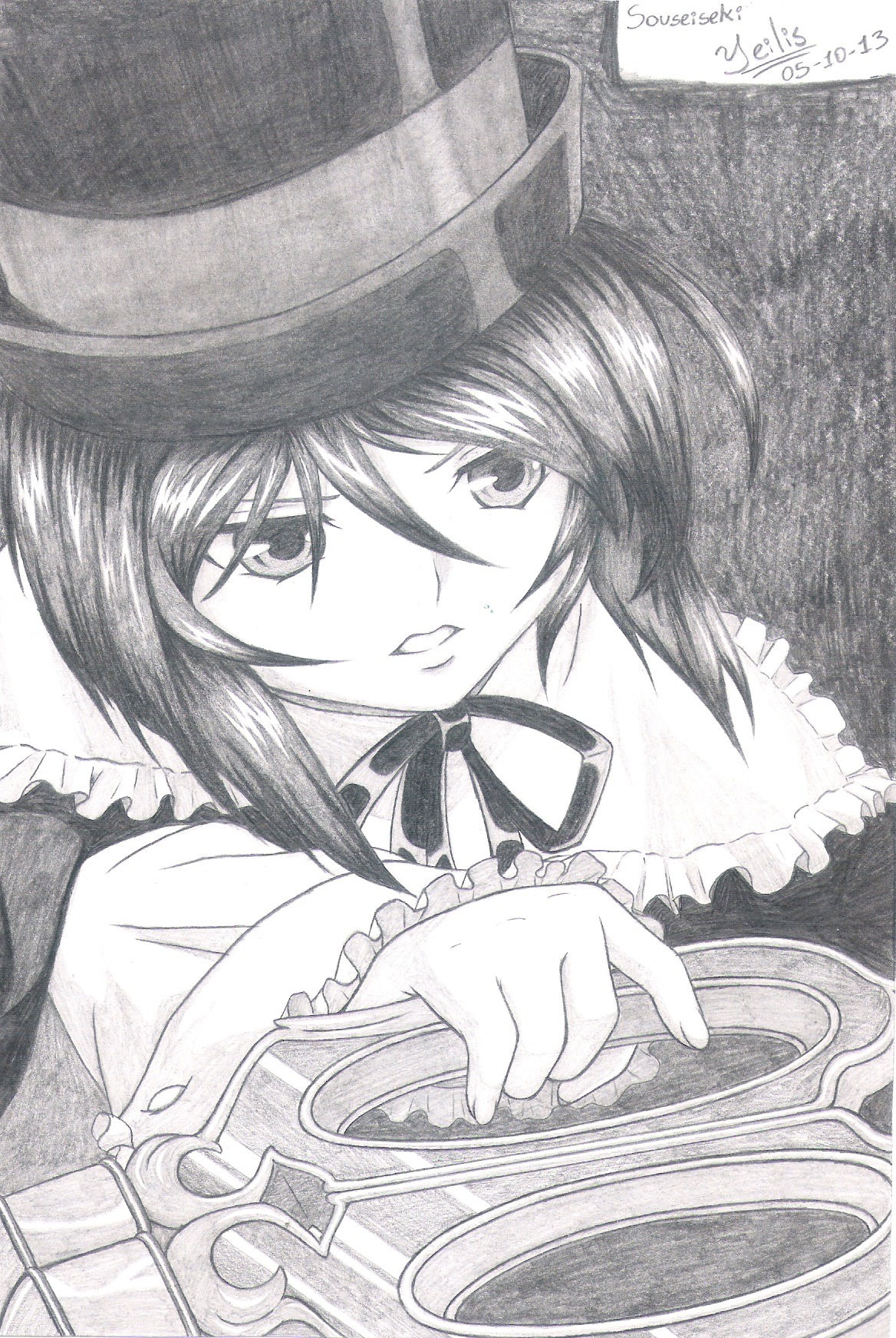 1girl artist_name dated frills greyscale hat image looking_at_viewer millipen_(medium) monochrome ribbon short_hair signature solo souseiseki traditional_media