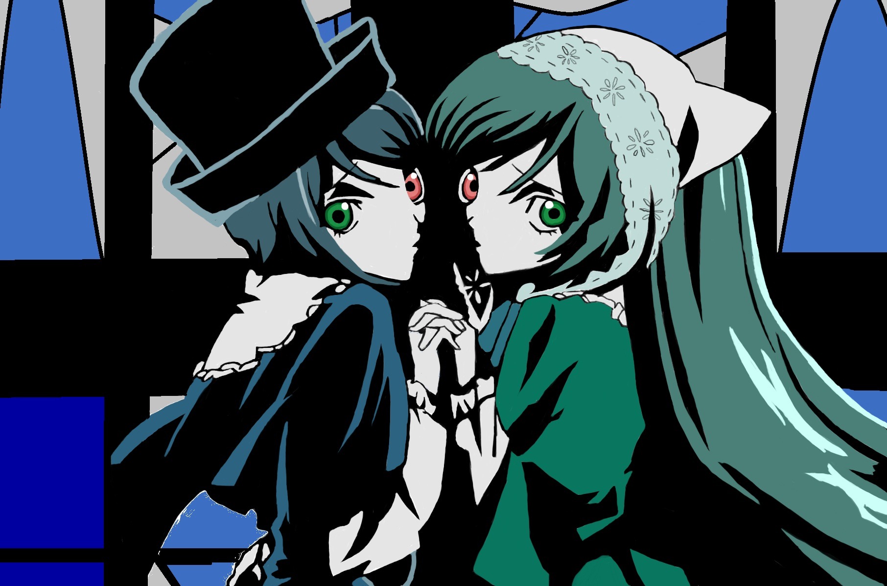 2girls frills green_eyes hat heterochromia holding_hands image interlocked_fingers long_hair looking_at_viewer multiple_girls pair red_eyes short_hair siblings sisters souseiseki suiseiseki top_hat twins