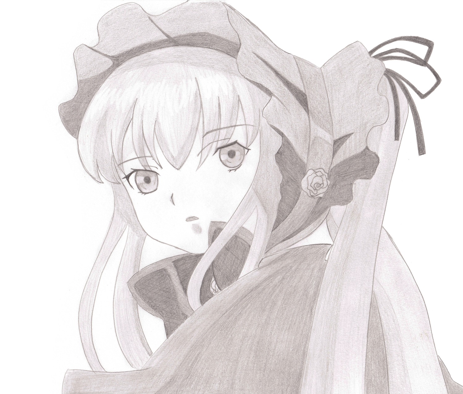 1girl blush flower greyscale hat image long_hair looking_at_viewer monochrome ribbon rose shinku solo striped striped_background upper_body vertical_stripes