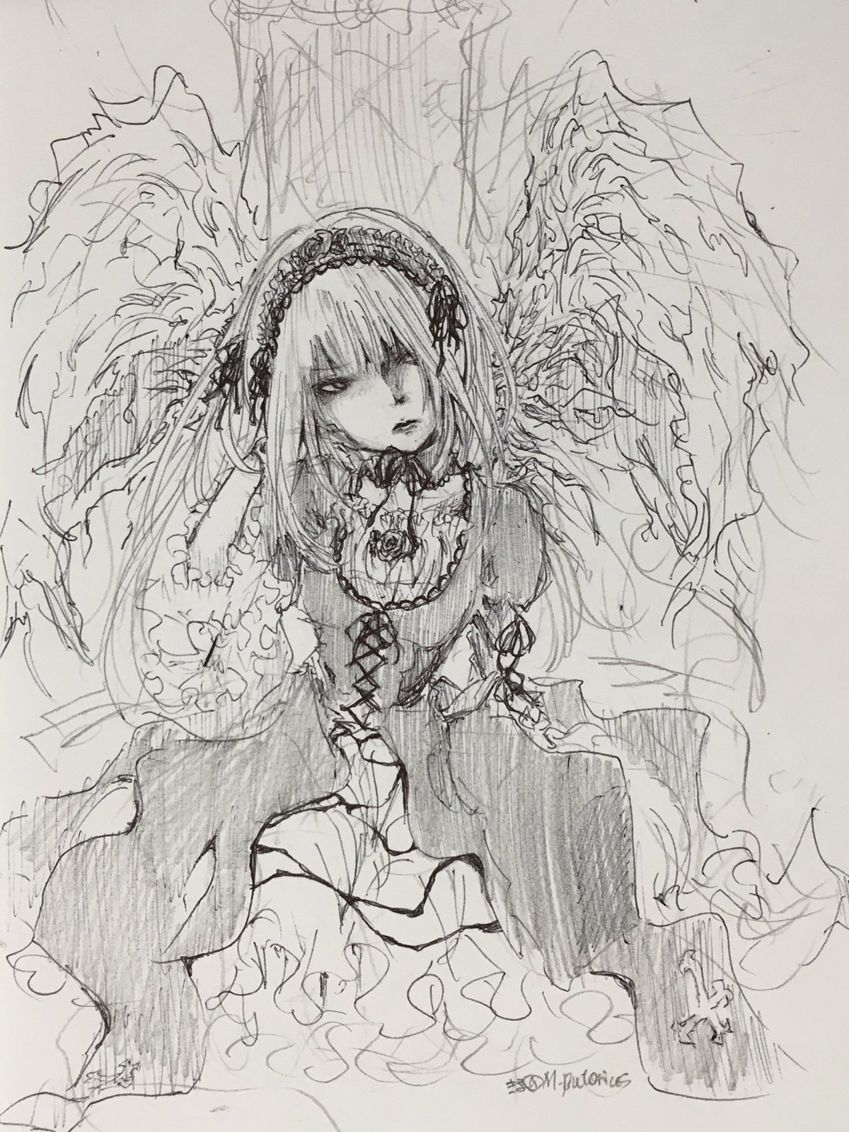 1girl dress flower frills greyscale hairband image long_hair long_sleeves looking_at_viewer monochrome solo suigintou traditional_media