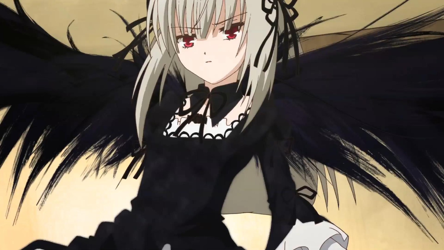 1girl bangs black_dress black_ribbon black_wings closed_mouth detached_collar dress expressionless feathered_wings flower frills hairband image long_hair long_sleeves looking_at_viewer red_eyes ribbon rose silver_hair solo suigintou very_long_hair wings