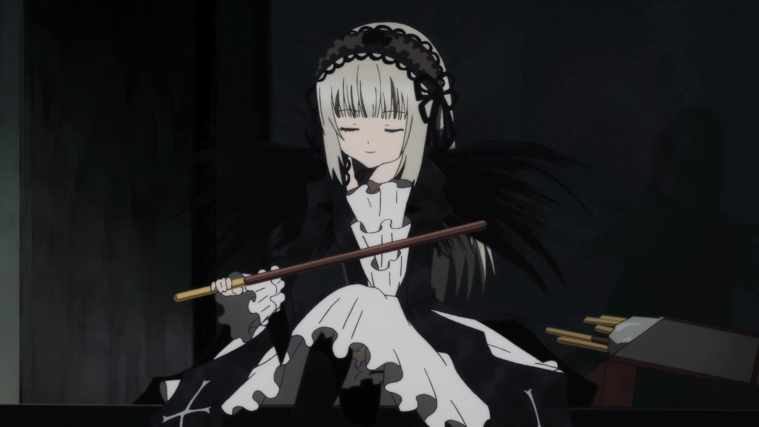 1girl apron bangs black_background black_dress black_ribbon black_wings closed_eyes closed_mouth dress frills hairband holding image long_hair long_sleeves puffy_sleeves sitting solo suigintou wings