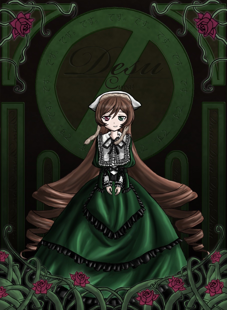 1girl brown_hair dress drill_hair flower frills green_eyes heterochromia image lolita_fashion long_hair long_sleeves pink_flower pink_rose plant purple_flower purple_rose red_eyes red_flower red_rose rose rose_petals solo suiseiseki thorns twin_drills twintails very_long_hair vines watering_can yellow_rose