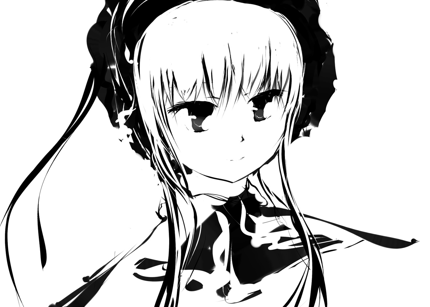 1girl bangs blush closed_mouth dress eyebrows_visible_through_hair greyscale hairband image long_hair looking_at_viewer monochrome shinku simple_background smile solo upper_body white_background