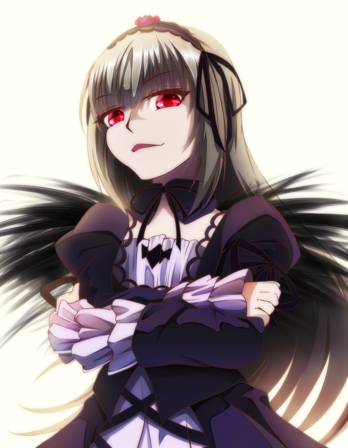 1girl auto_tagged black_wings crossed_arms detached_collar dress frilled_sleeves frills hairband image long_hair long_sleeves looking_at_viewer pink_eyes puffy_sleeves red_eyes ribbon silver_hair simple_background solo suigintou wings