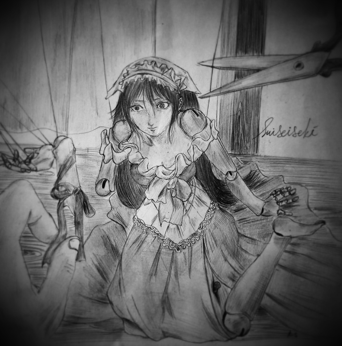 1girl dress greyscale image joints long_hair monochrome pov solo suiseiseki traditional_media