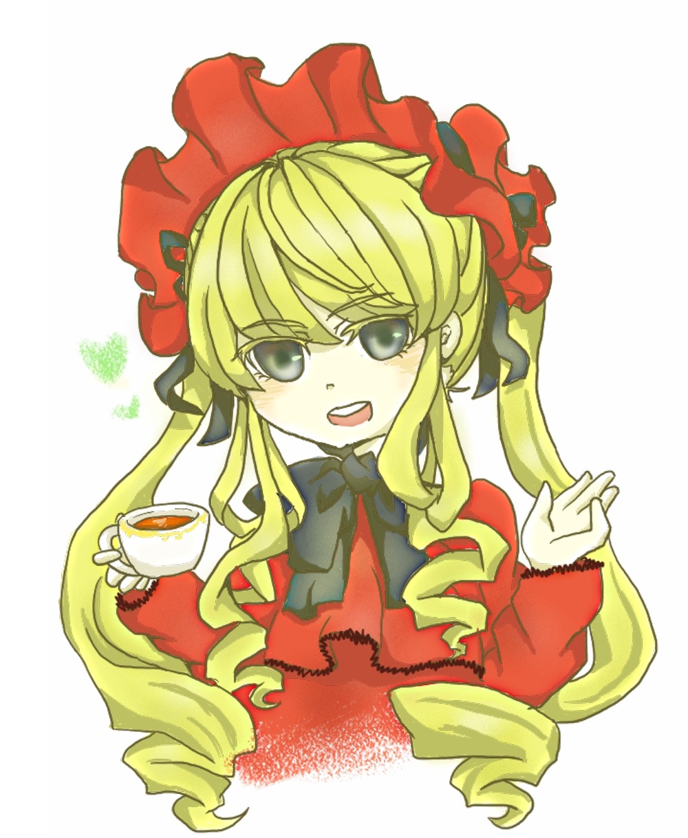 1girl blonde_hair bonnet bow cup drill_hair image long_hair long_sleeves looking_at_viewer open_mouth shinku simple_background solo teacup upper_body white_background