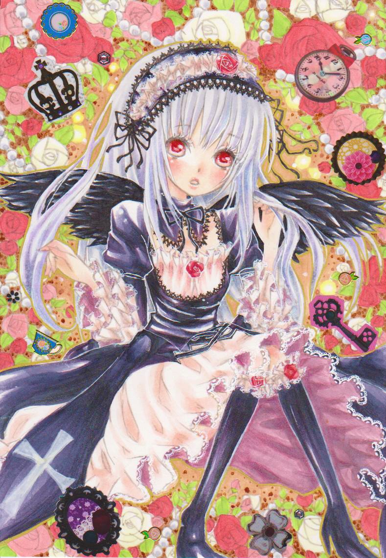 1girl black_wings blush clock dress feathers flower frills hairband image lolita_fashion long_hair long_sleeves looking_at_viewer marker_(medium) red_eyes red_flower rose silver_hair solo suigintou traditional_media watercolor_(medium) wings