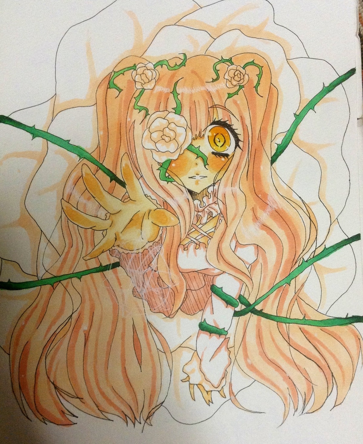 1girl flower hair_flower hair_ornament image kirakishou long_hair marker_(medium) monster_girl pink_hair solo traditional_media very_long_hair watercolor_(medium)