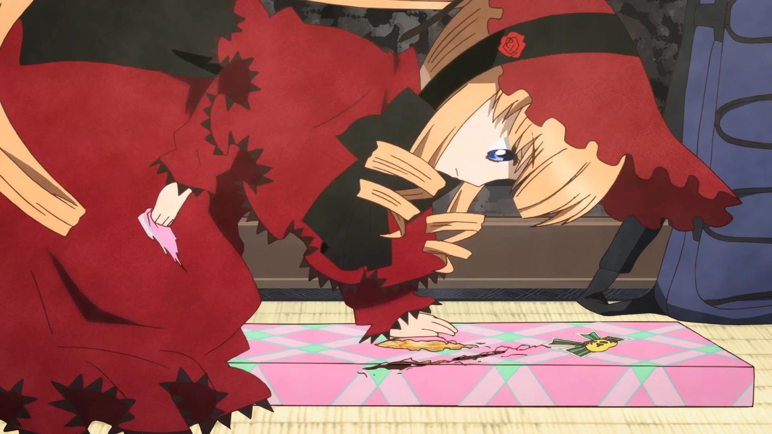 1girl blonde_hair blue_eyes bonnet bow dress drill_hair frills image long_sleeves red_dress rose shinku solo twintails