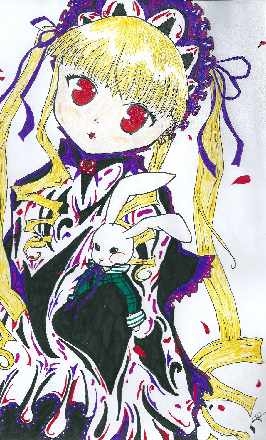 1girl blonde_hair dress frills image lolita_fashion long_hair looking_at_viewer petals red_eyes ribbon shinku solo stuffed_animal stuffed_bunny traditional_media twintails