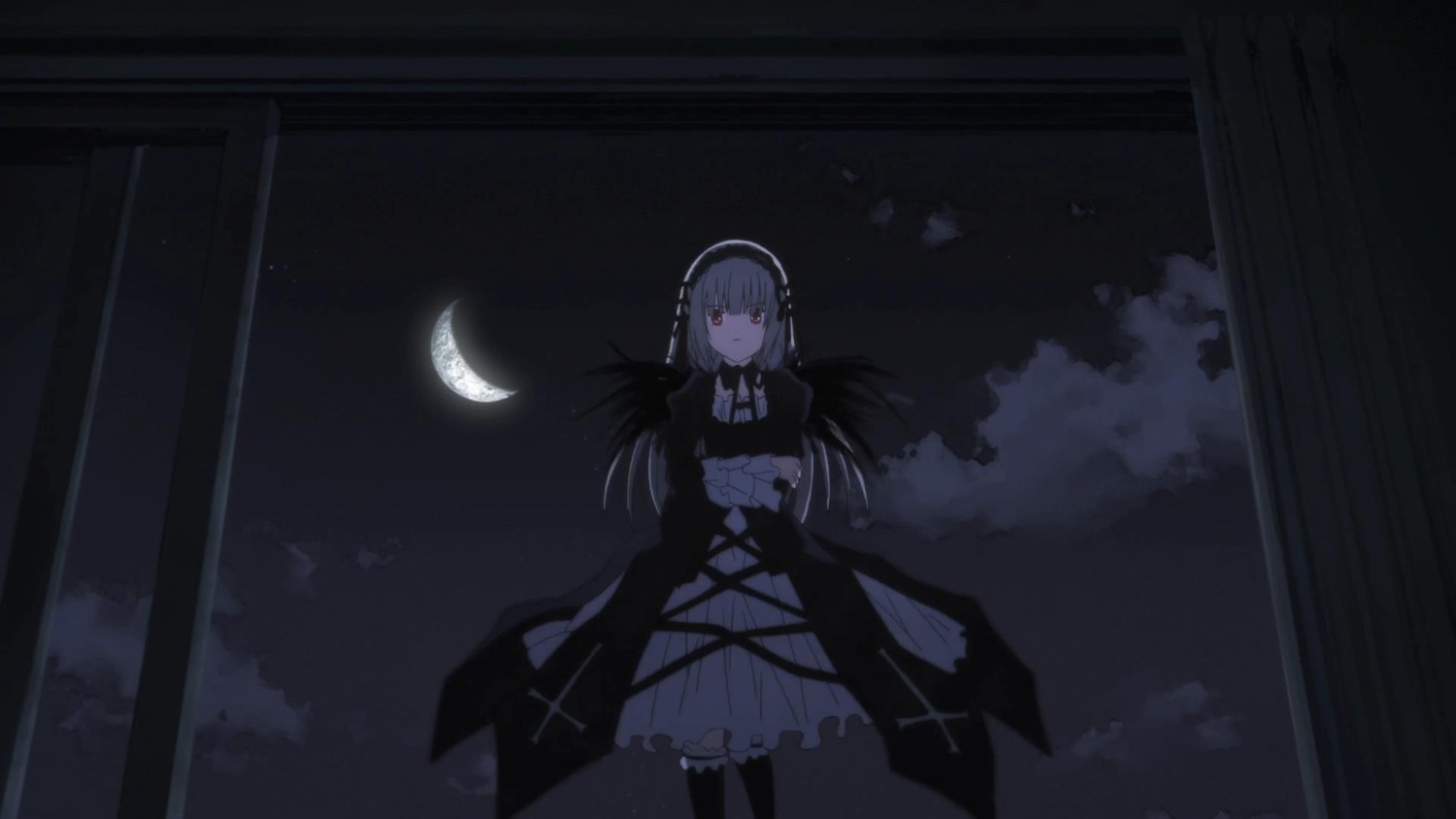 1girl bangs black_dress closed_mouth cloud crescent_moon dress eyebrows_visible_through_hair frills gothic_lolita hair_between_eyes hairband heterochromia image long_hair long_sleeves looking_at_viewer moon night red_eyes sky solo standing suigintou very_long_hair wide_sleeves