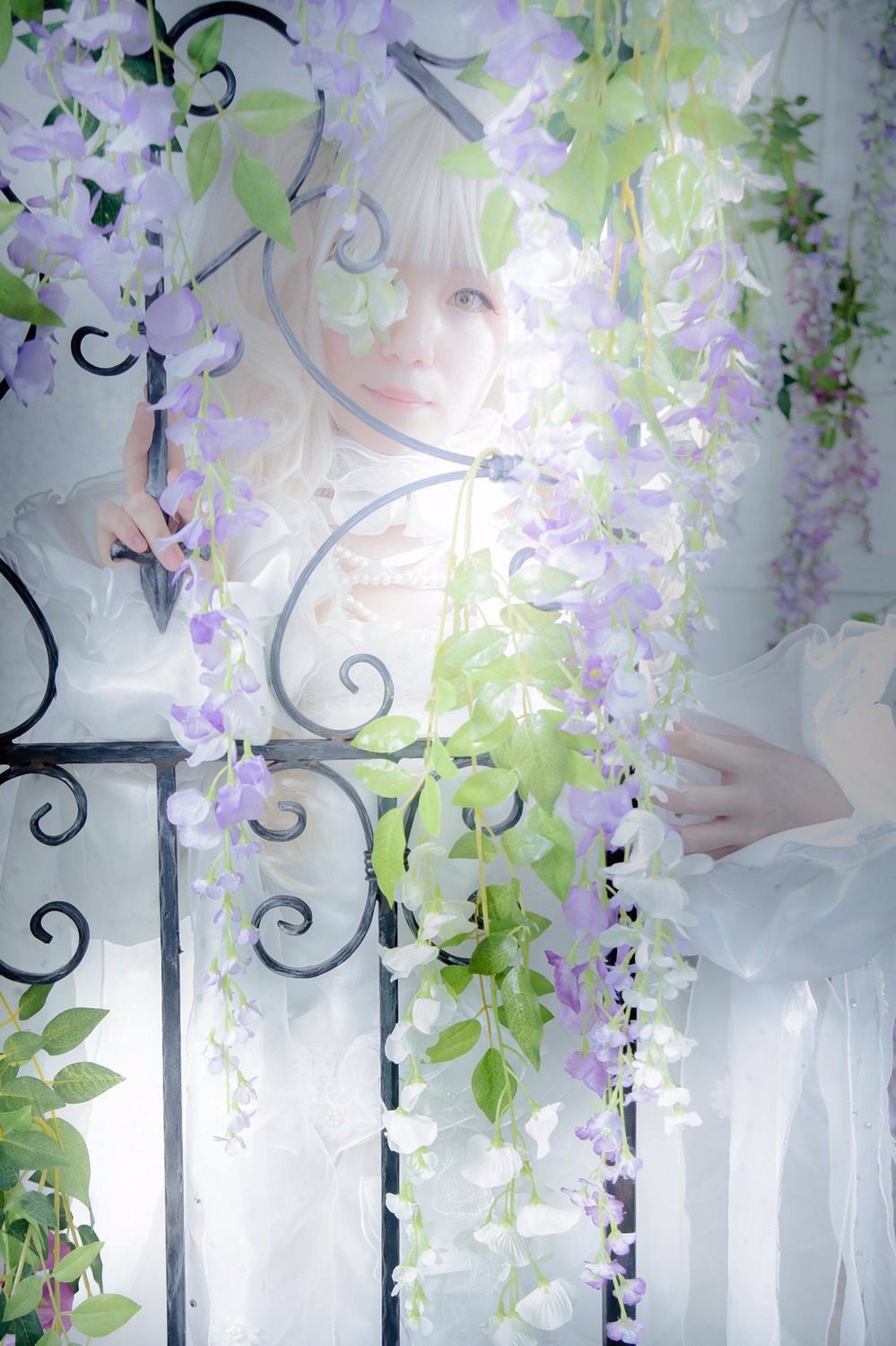 1girl bangs dress flower kirakishou long_hair plant solo white_dress white_flower