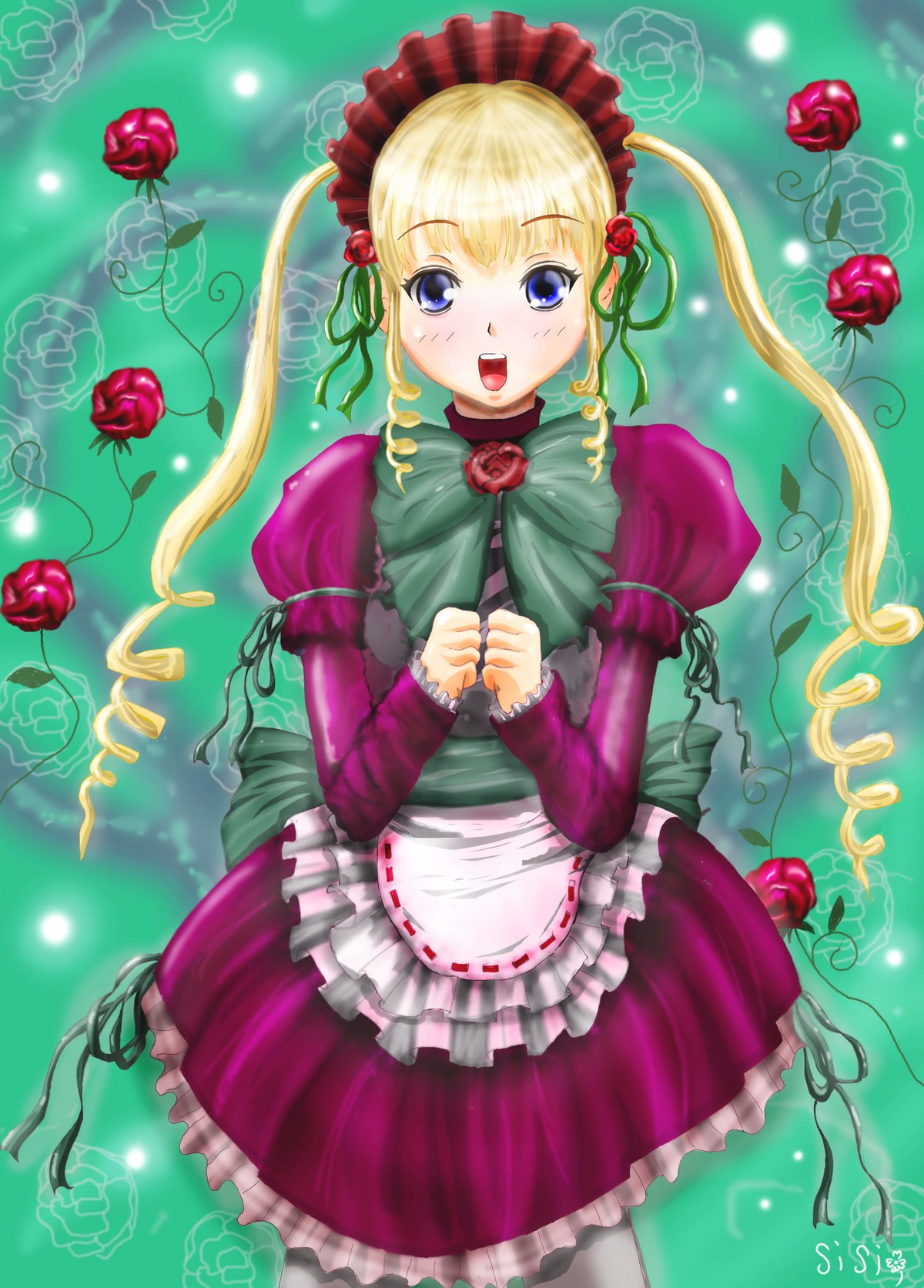 1girl apron blonde_hair blue_eyes bonnet dress flower frills image long_hair long_sleeves open_mouth pantyhose pink_flower pink_rose puffy_sleeves purple_rose red_flower red_rose rose shinku solo thorns twintails