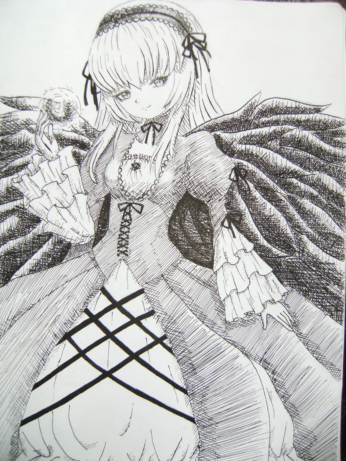 1girl dress feathered_wings feathers flower frills greyscale hairband image long_hair long_sleeves looking_at_viewer monochrome ribbon rose smile solo suigintou traditional_media wings