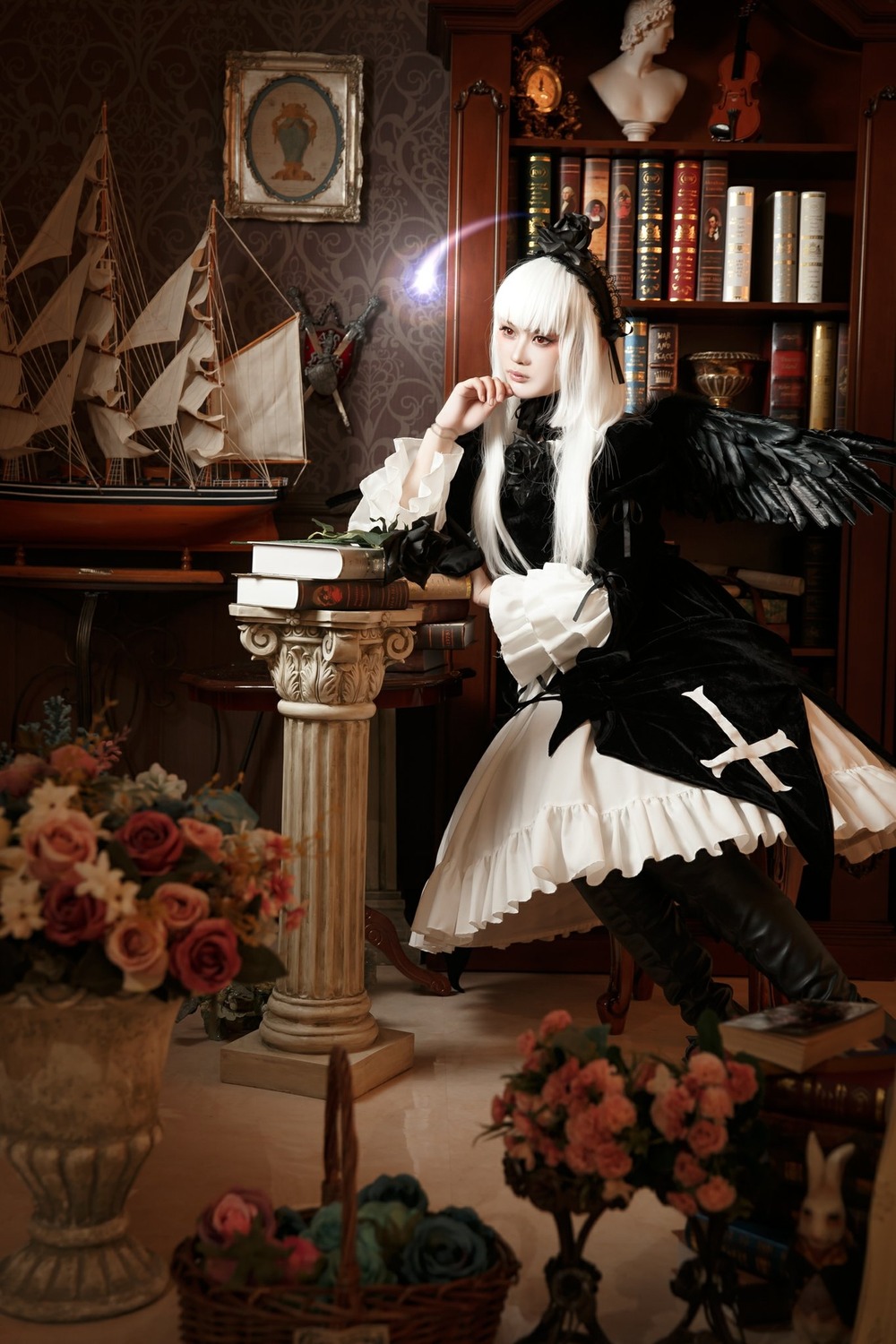 1girl book boots cross dress flower gothic_lolita indoors lolita_fashion red_flower red_rose rose sitting solo suigintou