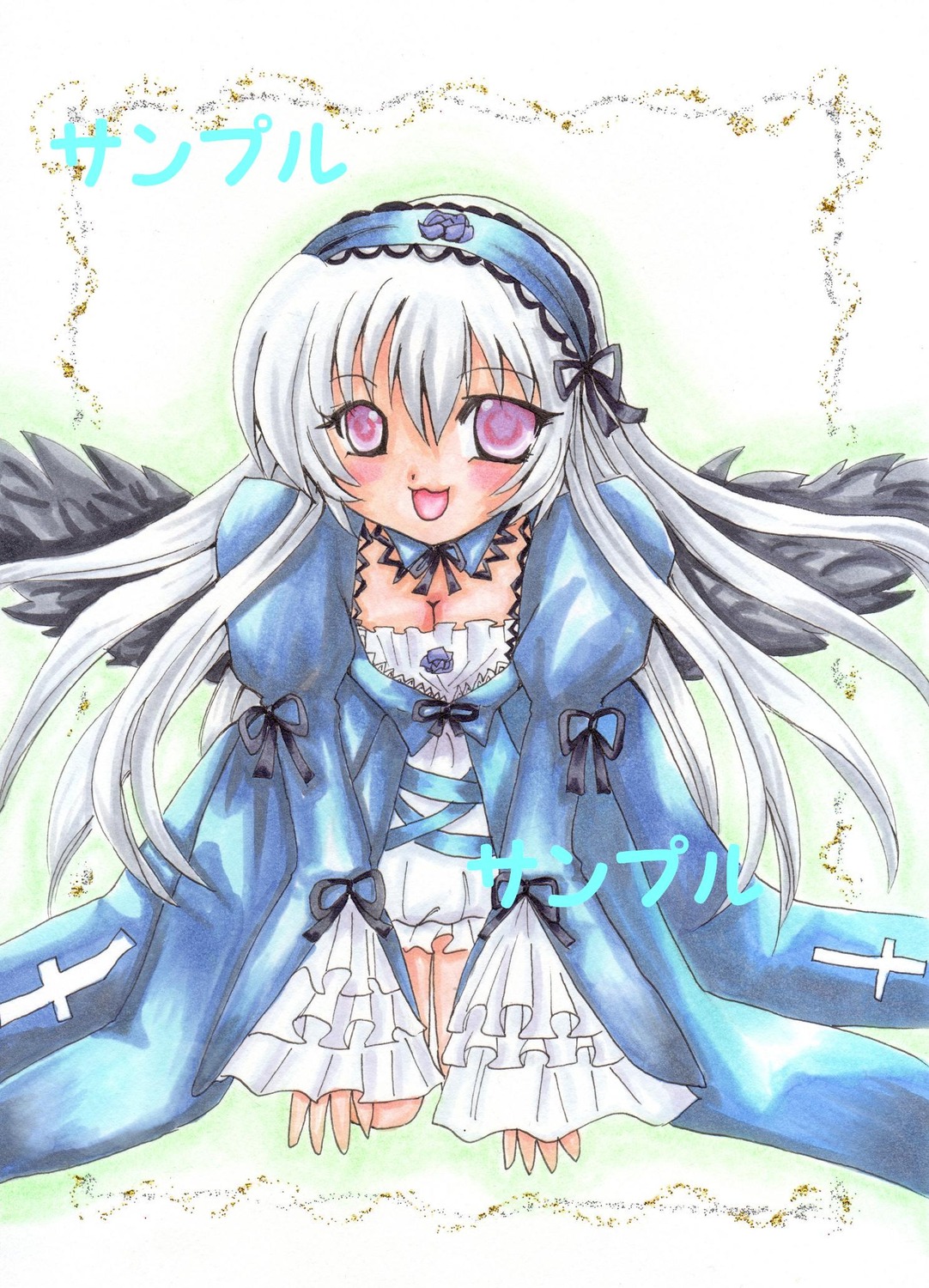 1girl black_wings blush detached_collar dress flower frilled_sleeves frills hairband juliet_sleeves long_hair long_sleeves looking_at_viewer open_mouth pink_eyes puffy_sleeves rose silver_hair smile solo suigintou traditional_media wings