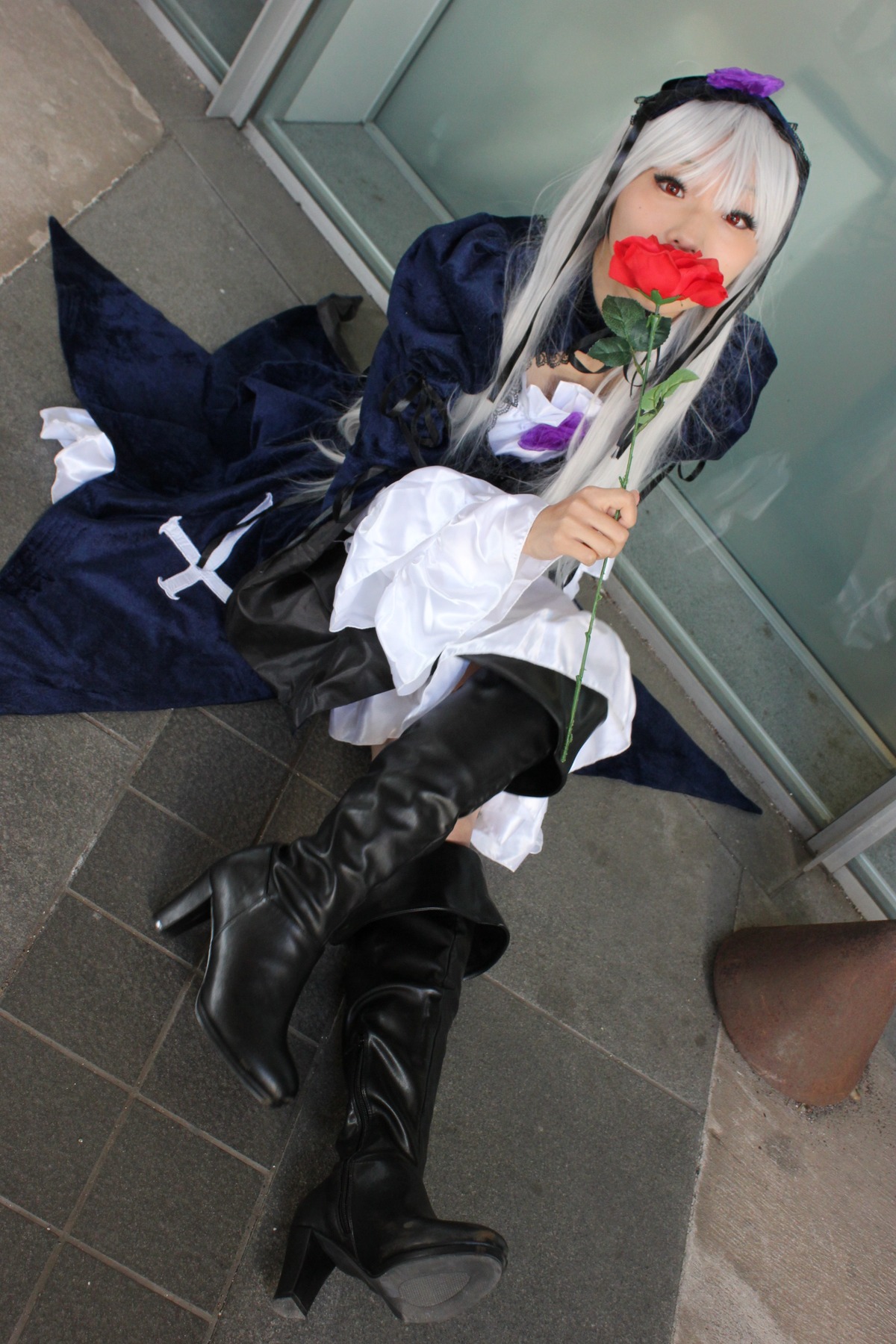 1girl boots dress flower hairband high_heel_boots high_heels long_hair rose silver_hair sitting solo suigintou