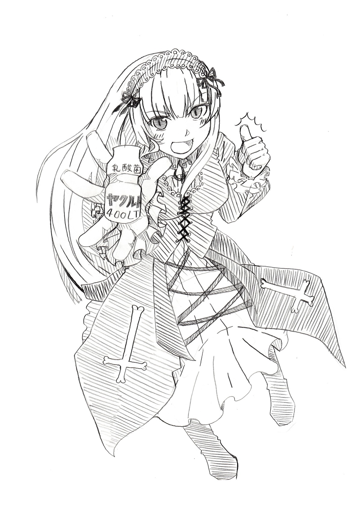 1girl dress full_body greyscale hairband image lolita_hairband long_hair long_sleeves looking_at_viewer monochrome open_mouth smile solo stuffed_animal suigintou