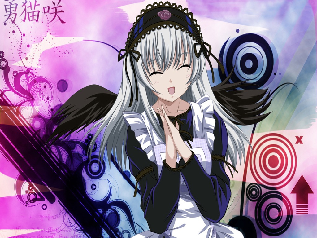 1girl :d black_wings closed_eyes dress frills hairband hands_clasped image long_hair long_sleeves open_mouth own_hands_together ribbon silver_hair smile solo suigintou wings