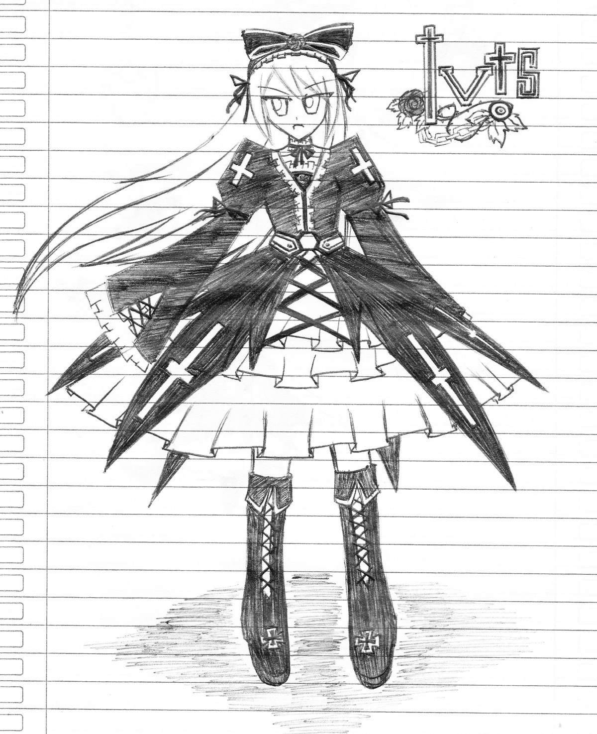 1girl boots bow cross-laced_footwear dress full_body greyscale image long_hair monochrome solo standing suigintou